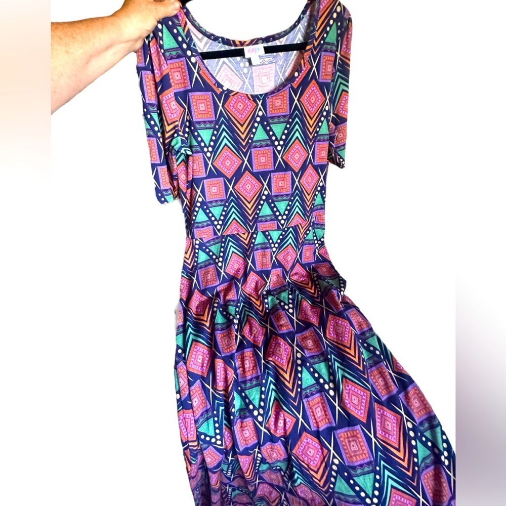 Lularoe 2X navy blue ANA maxi dress with fun dot /geometric pattern. NWT.